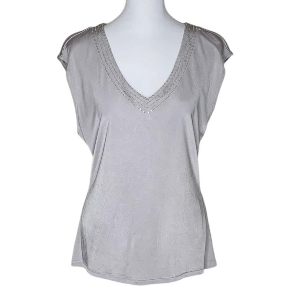 Alfani Beaded V Neck Fitted Top LP L Petite Gray Holiday Fairy Cap Sleeve Blouse